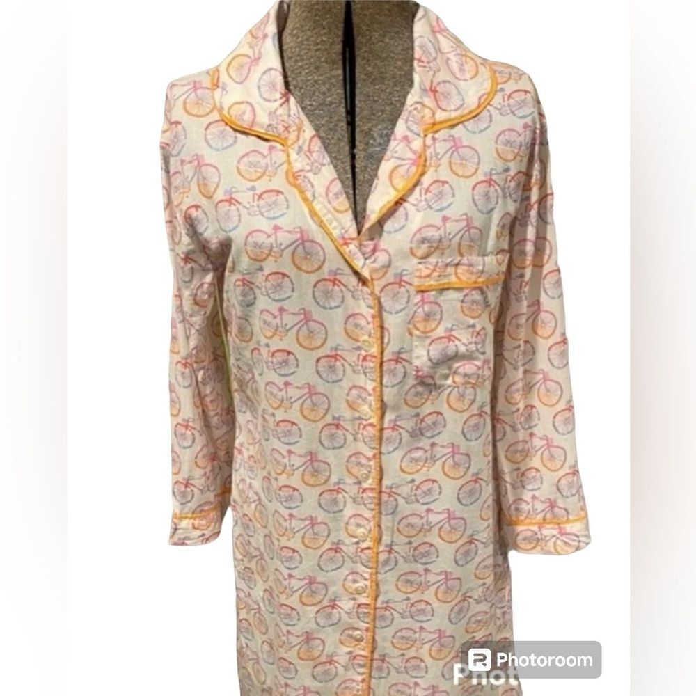 Rock Flower Paper: Bicycle Print- White Pink Purple Pajama Nightshirt Size Small
